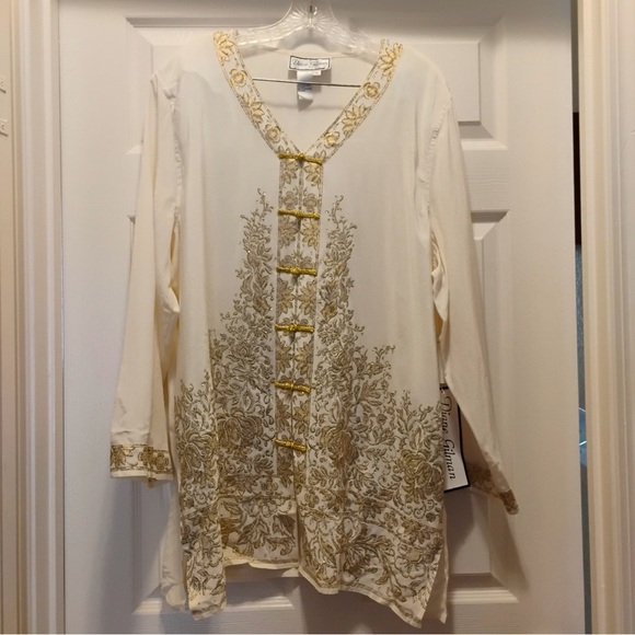 NWT Diane Gilman 100% Silk Oriental Tunic Blouse Gold Metallic Details Size - Picture 1 of 8